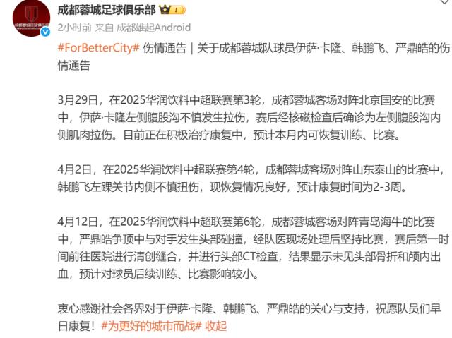 蓉城公布卡隆韩鹏飞严鼎皓伤情 韩鹏飞将缺2-3周